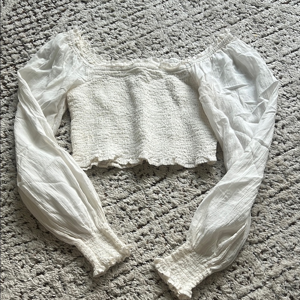 Aerie White Smocked Crop Blouse